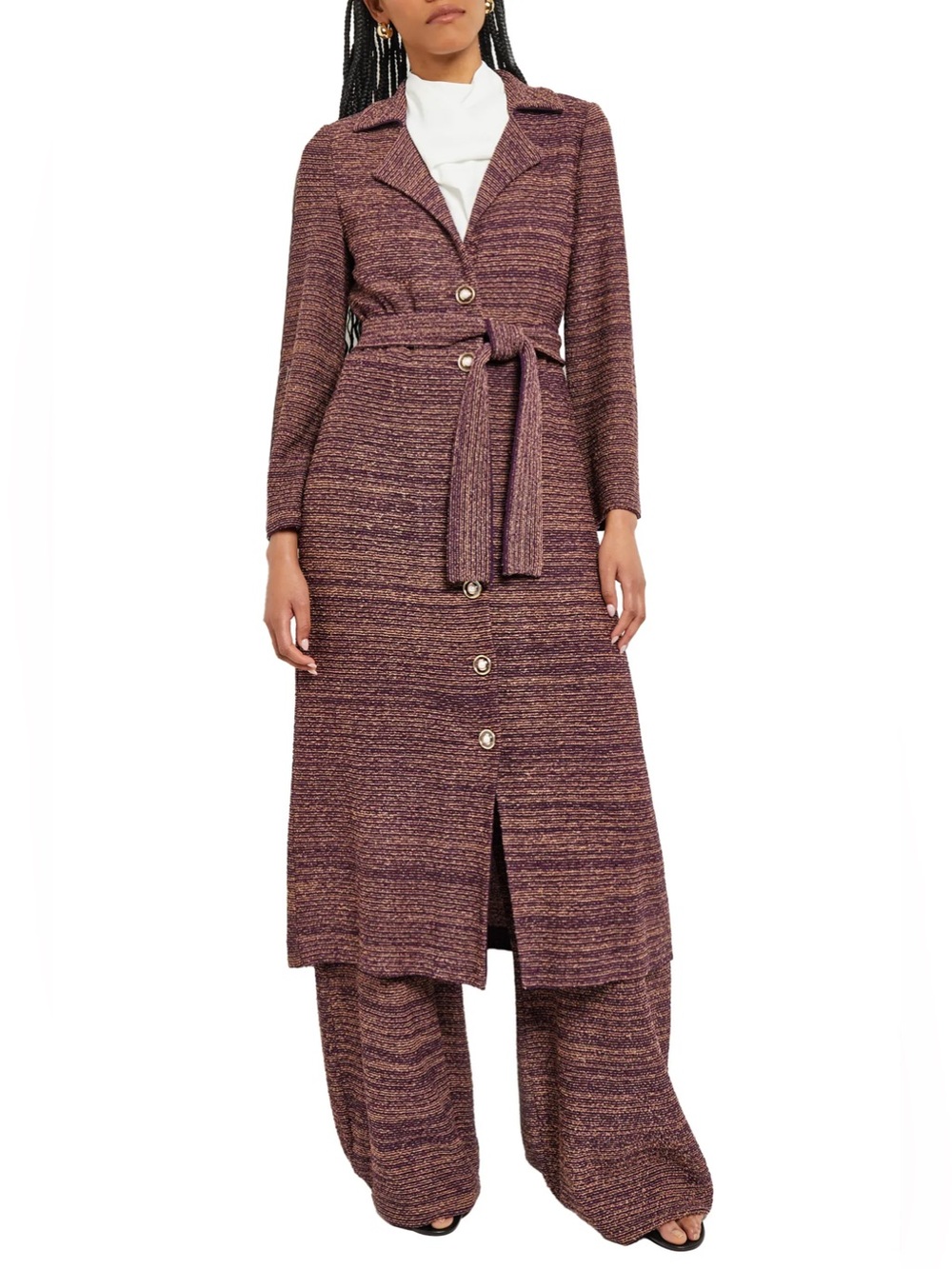 Misook Tweed Belted Sweater Coat in Ultraviolet